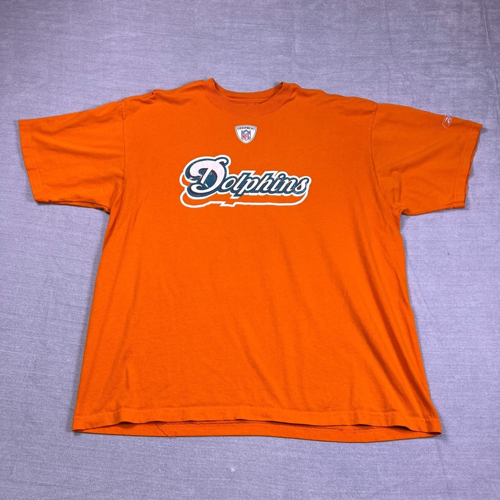 Reebok Miami Dolphins NFL Equipment Graphic T-Shirt Mens XL Orange Cotton Blend